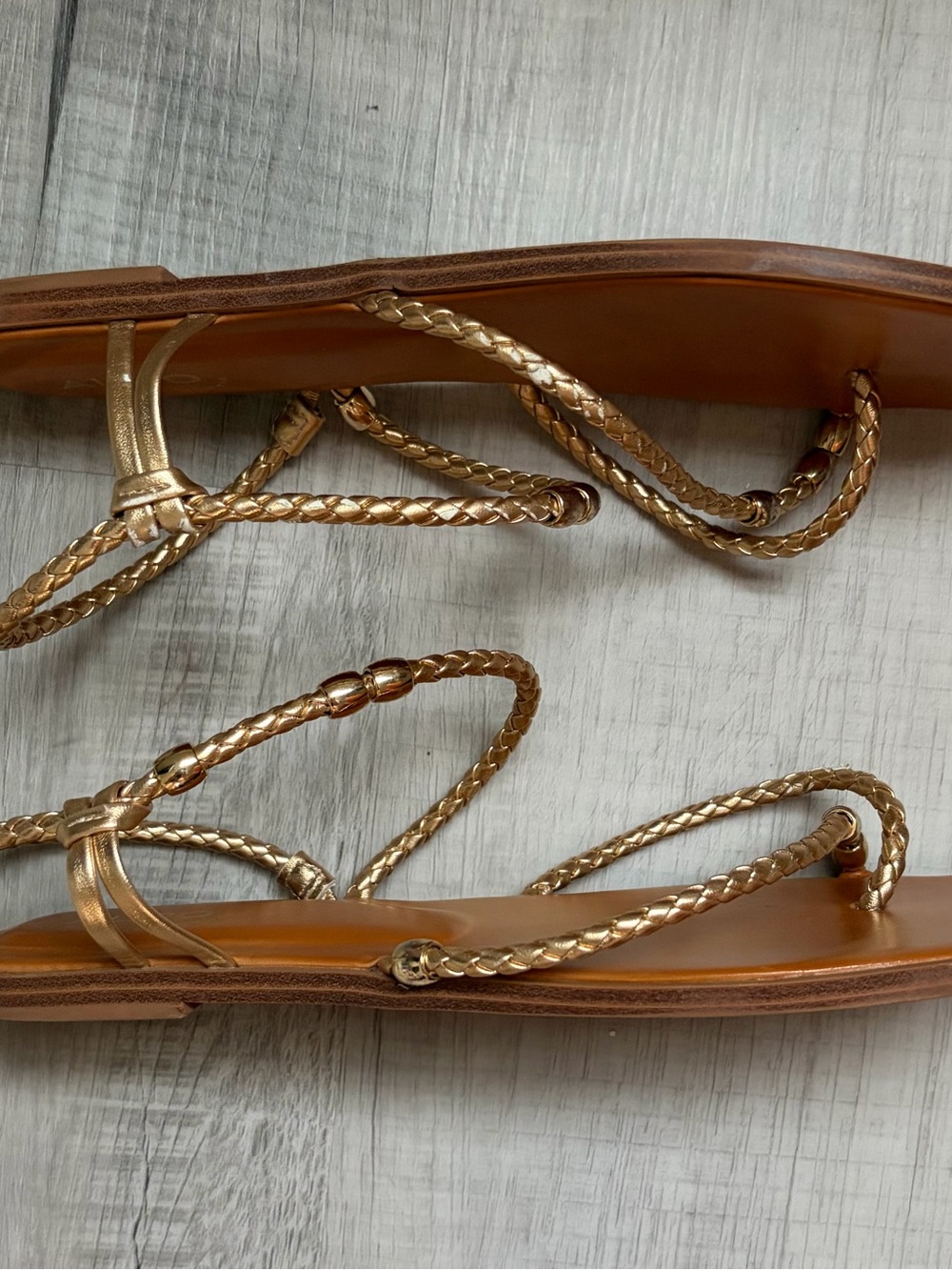 ALDO Braided Metallic Gold Strap Sandals with Tan Footbed - Picture 2 of 3